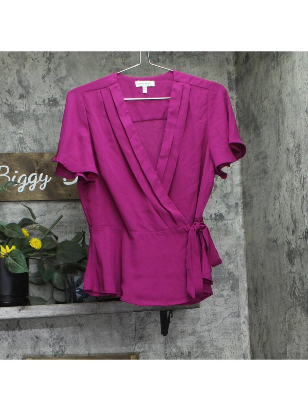 Monteau Womens Wrap V-Neck Woven Blouse Top Berry Purple PL
